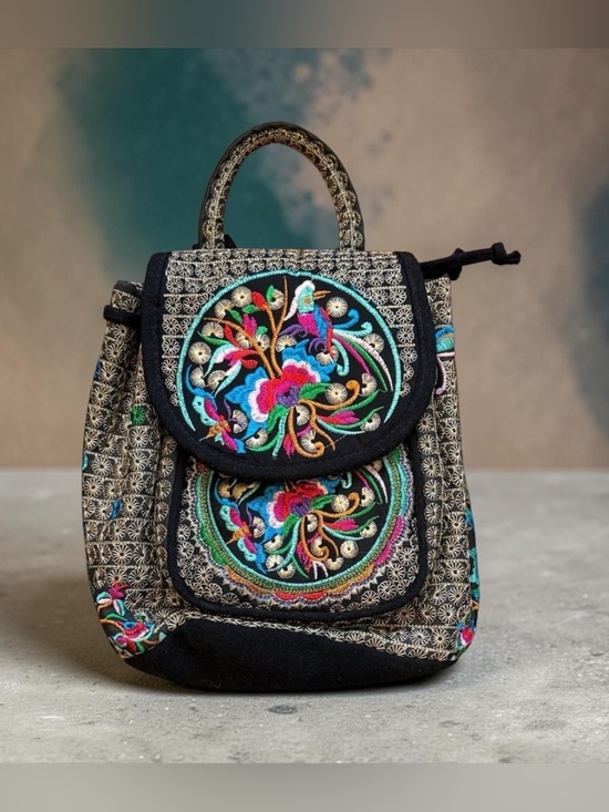 unknown Handbags - Black and Multicolor Embroidered Backpack